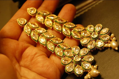 LONG KUNDAN FLORAL EARRINGS WITH WHITE PEARL