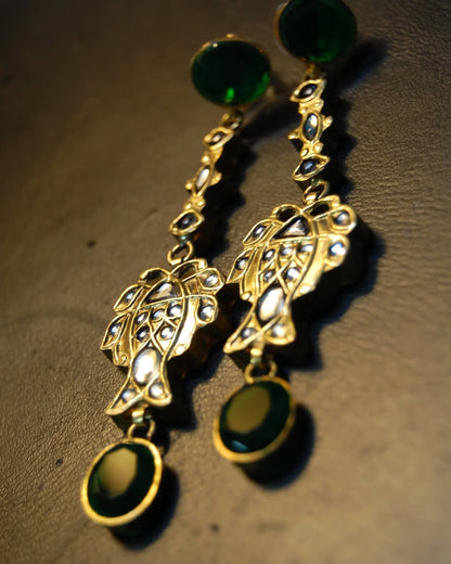 TRADITIONAL FISH STYLE EARRINGS IN KUNDAN & GREEN