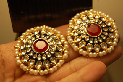 BLUE MEENA EARRINGS WITH KUNDAN & RED STONES