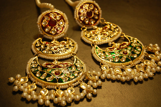 RED BLUE & GREEN MEENA & KUNDAN LONG EARRINGS