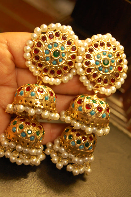 MULTI STONE TWO LAYERED JHUMKAS