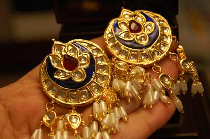 BLUE MEENA & RED STONE  EARRINGS WITH PEARLS