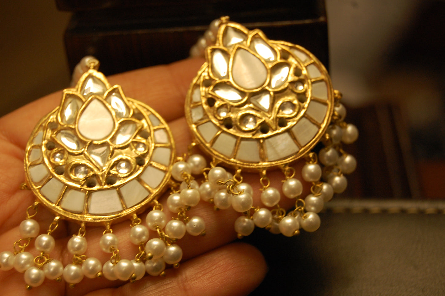 MOTHER OF PEARL, KUNDAN & PEARLS EARRINGS