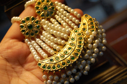 JHOOMAR STYLE EARRINGS IN PEARLS & GREEN STONES