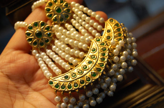 JHOOMAR STYLE EARRINGS IN PEARLS & GREEN STONES