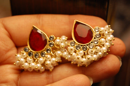 RED KUNDAN & PEARL EARRINGS