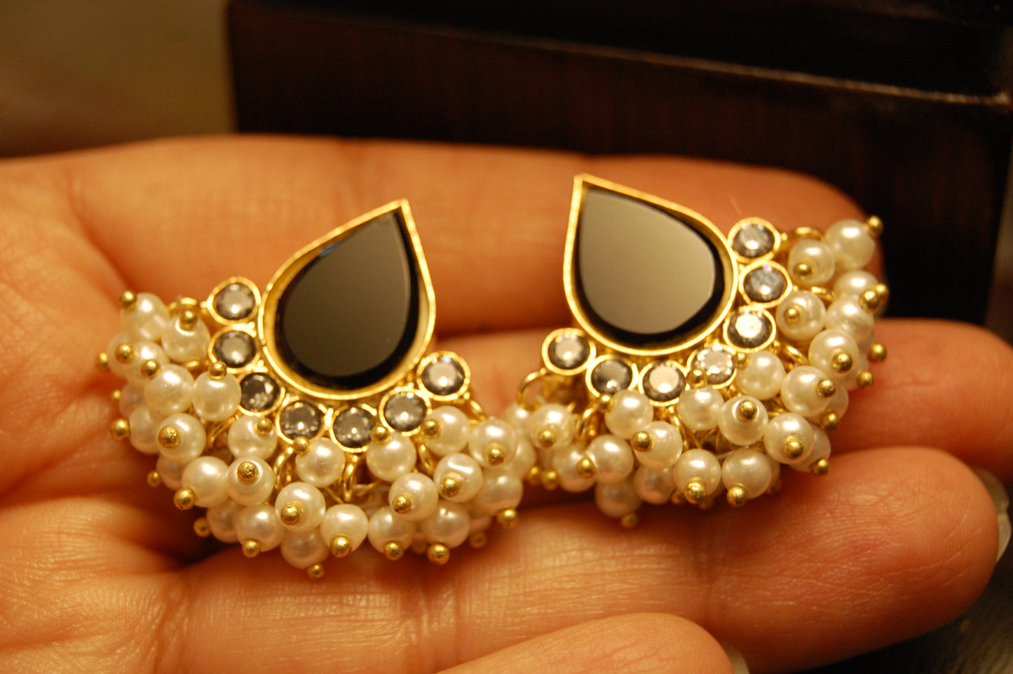 BLACK, KUNDAN & PEARL EARRINGS