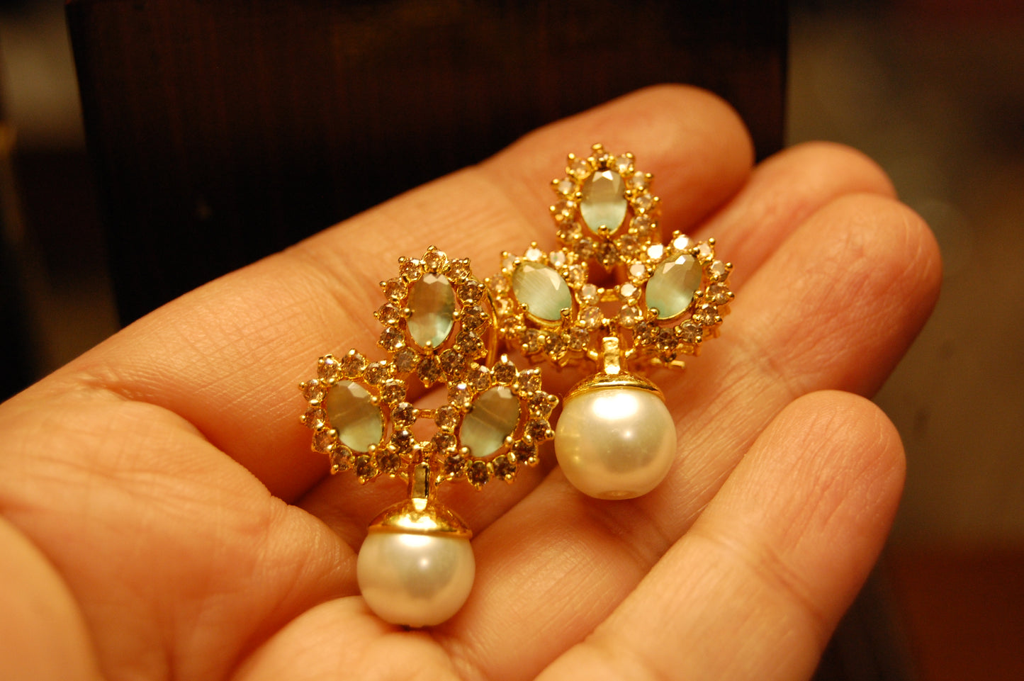 JADE GREEN & PEARL EARRINGS