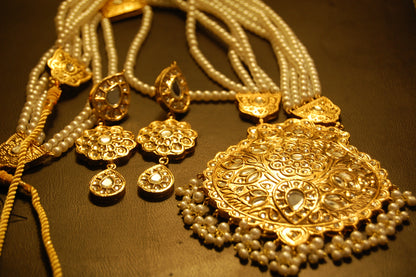 ELEGANT LONG KUNDAN,  PEARLS MALA & EARRINGS SET