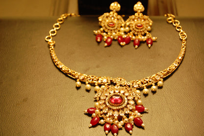 SOUTH INDIAN NECKLACE SET IN RED & ZIRCON