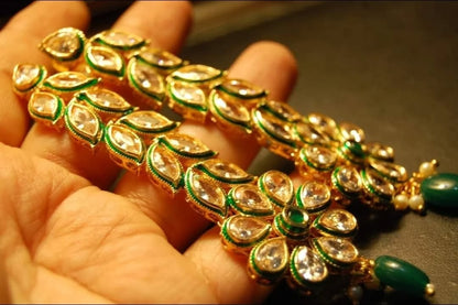LONG KUNDAN FLORAL EARRINGS WITH GREEN