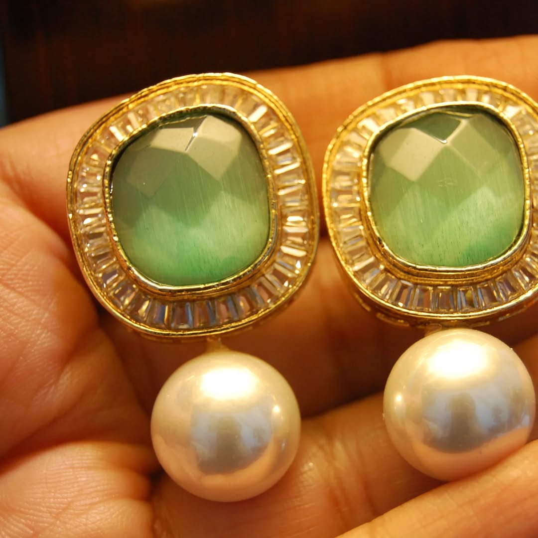 JADE GREEN, ZIRCON & PEARL EARRINGS