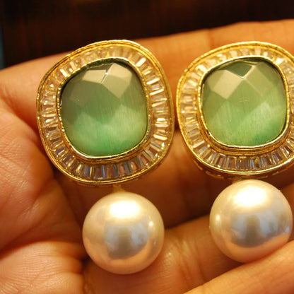 JADE GREEN, ZIRCON & PEARL EARRINGS