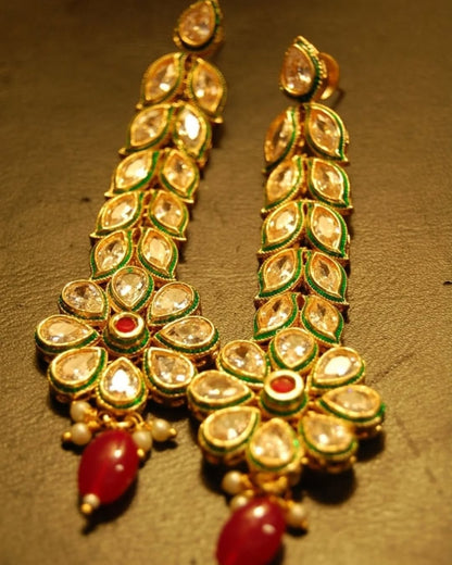 LONG KUNDAN FLORAL EARRINGS WITH RED