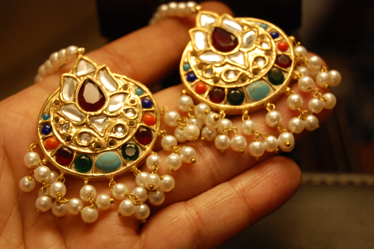 MULTI KUNDAN & PEARLS EARRINGS