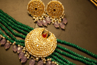 ELEGANT GREEN & KUNDAN CHOKER SET WITH LILAC DROPS & RED STONES