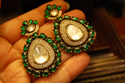 GREEN POLKI KUNDAN EARRINGS