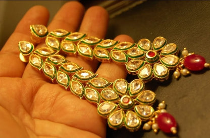 LONG KUNDAN FLORAL EARRINGS WITH RED