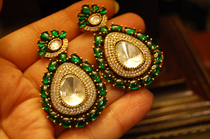 GREEN POLKI KUNDAN EARRINGS