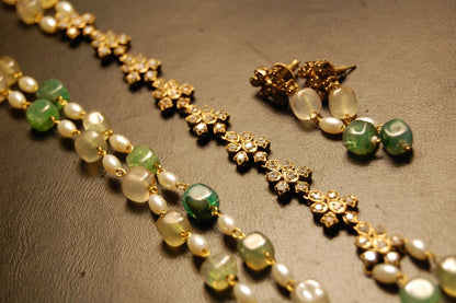 PEARL & JADE GREEN MALA WITH ZIRCON STRING
