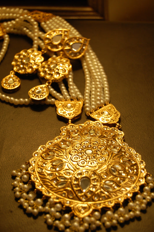 ELEGANT LONG KUNDAN,  PEARLS MALA & EARRINGS SET