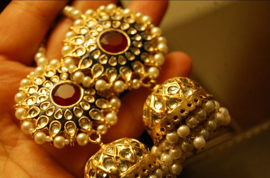 BLUE & RED MEENA & KUNDAN JHUMKAS