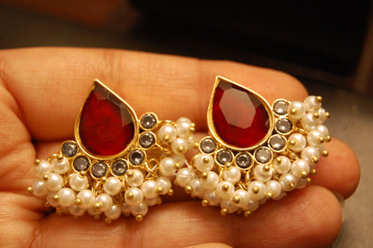 RED KUNDAN & PEARL EARRINGS