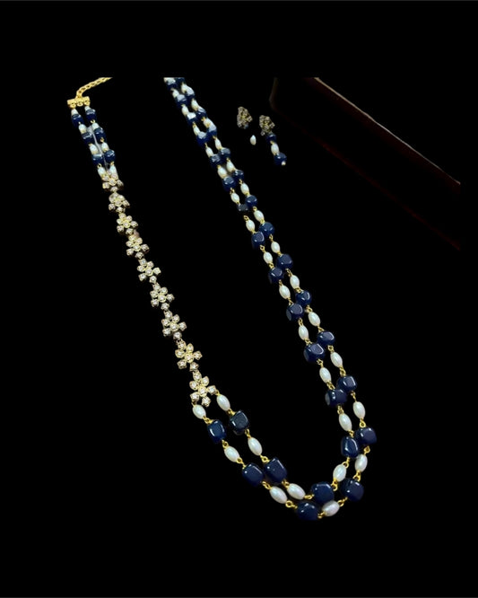 PEARL & BLUE MALA WITH ZIRCON STRING