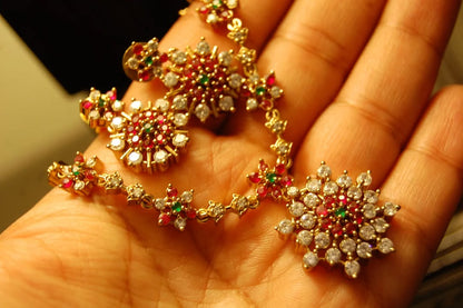 SOUTH INDIAN NECKLACE SET IN RED, GREEN & ZIRCON