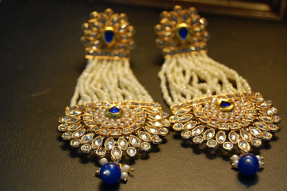BLUE JHOOMAR STYLE EARRINGS IN KUNDAN & PEARLS