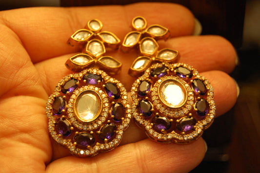 PURPLE AMETHYST POLKI KUNDAN EARRINGS