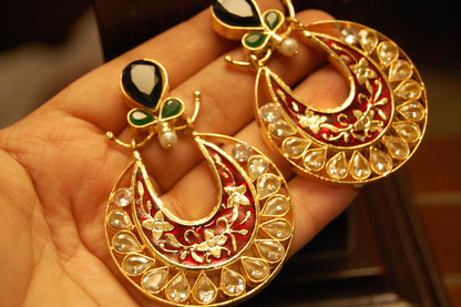 RED MEENA & KUNDAN EARRINGS WITH BLUE,GREEN
