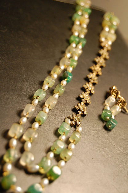 PEARL & JADE GREEN MALA WITH ZIRCON STRING