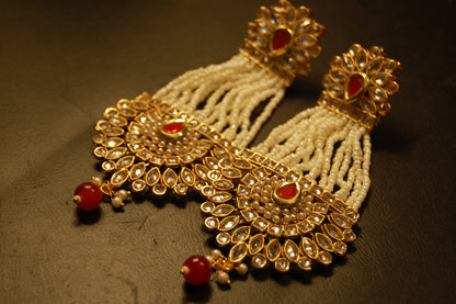 JHOOMAR STYLE EARRINGS IN KUNDAN & PEARLS & RED