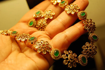 SOUTH INDIAN NECKLACE SET IN GREEN & ZIRCON