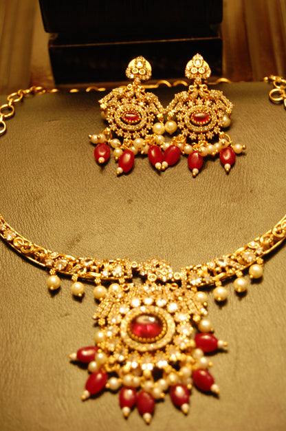 SOUTH INDIAN NECKLACE SET IN RED & ZIRCON