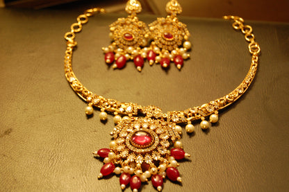SOUTH INDIAN NECKLACE SET IN RED & ZIRCON