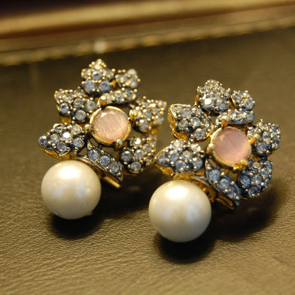PINK, ZIRCON & PEARL EARRINGS