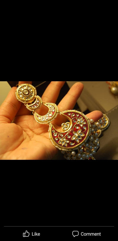 LONG KUNDAN & RED MEENA EARRINGS