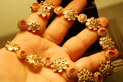 SOUTH INDIAN NECKLACE SET IN RED & ZIRCON