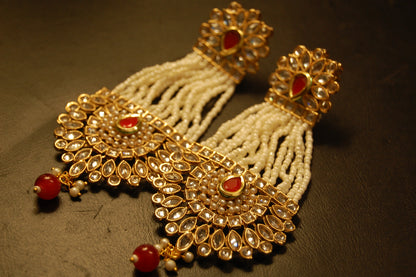 JHOOMAR STYLE EARRINGS IN KUNDAN & PEARLS & RED