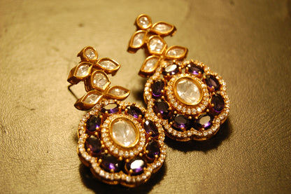 PURPLE AMETHYST POLKI KUNDAN EARRINGS