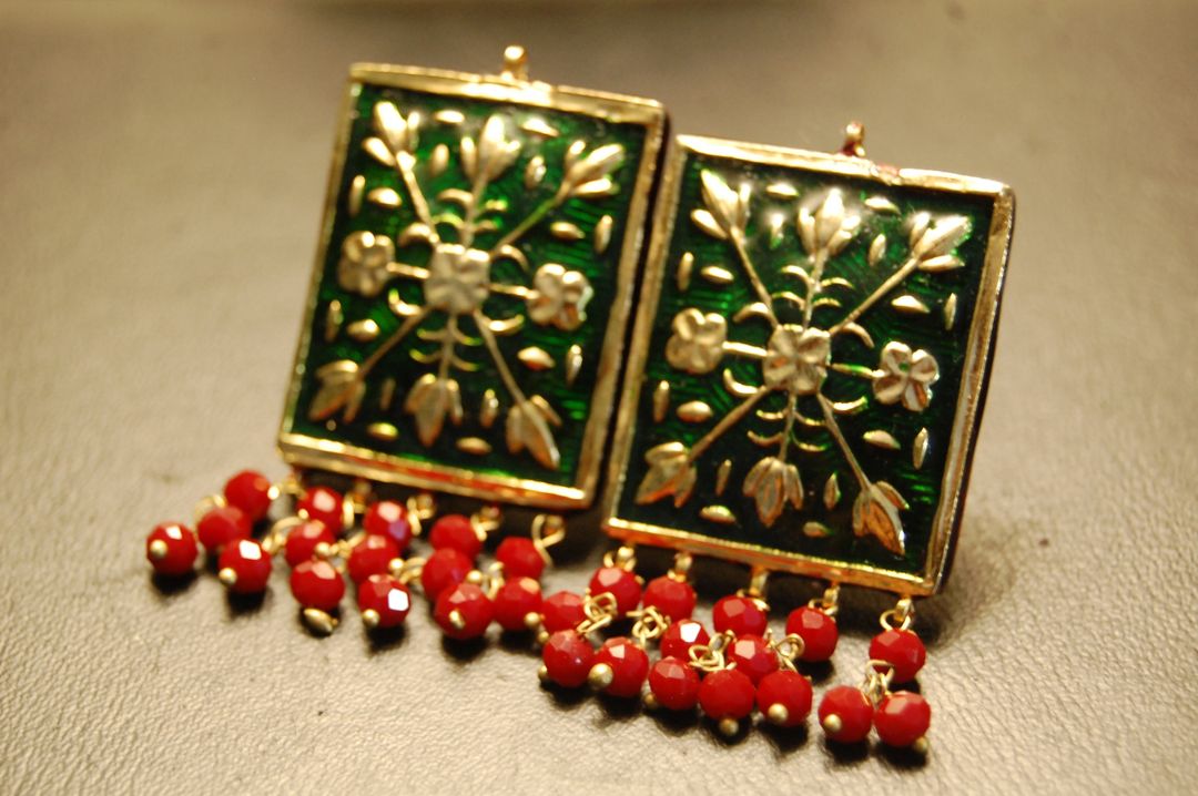 GREEN MEENA EARRINGS WITH RED
