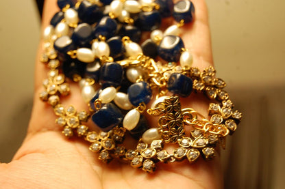PEARL & BLUE MALA WITH ZIRCON STRING