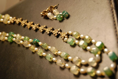 PEARL & JADE GREEN MALA WITH ZIRCON STRING