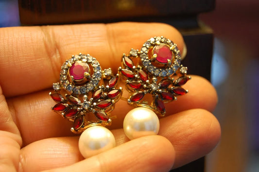 RED, PEARL & ZIRCON EARRINGS