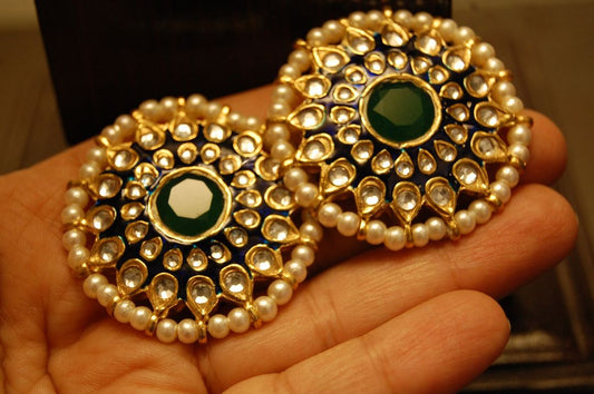 BLUE MEENA EARRINGS WITH KUNDAN & GREEN STONES