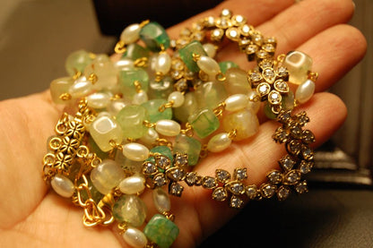 PEARL & JADE GREEN MALA WITH ZIRCON STRING