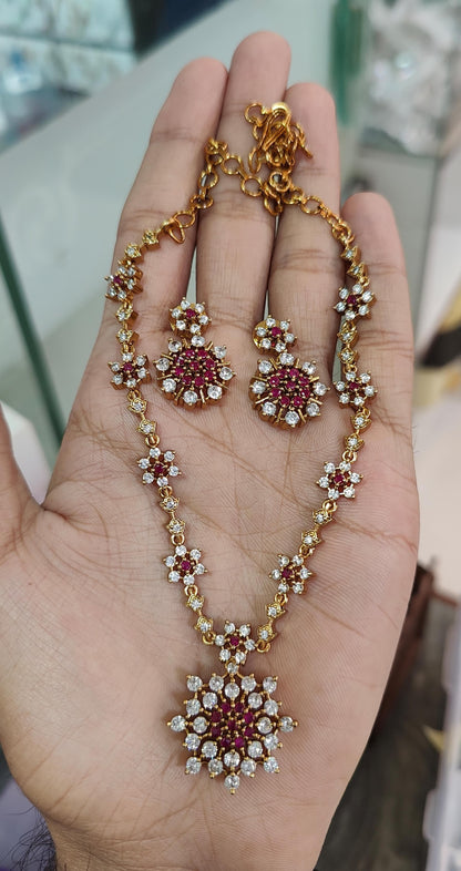 SOUTH INDIAN NECKLACE SET IN RED & ZIRCON