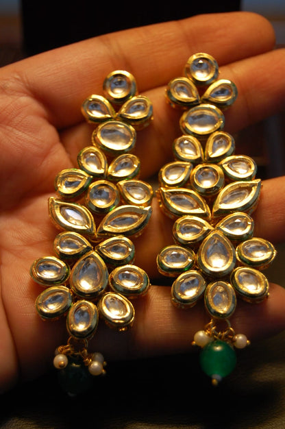INDIAN POLKI KUNDAN EARRINGS WITH GREEN